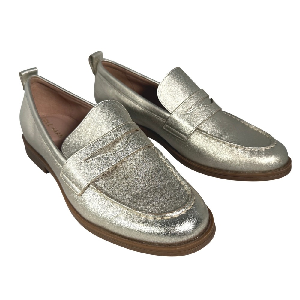 Cole Haan Grand 360 Womens Metallic Gold Leather Penny Loafers Shoes W20443